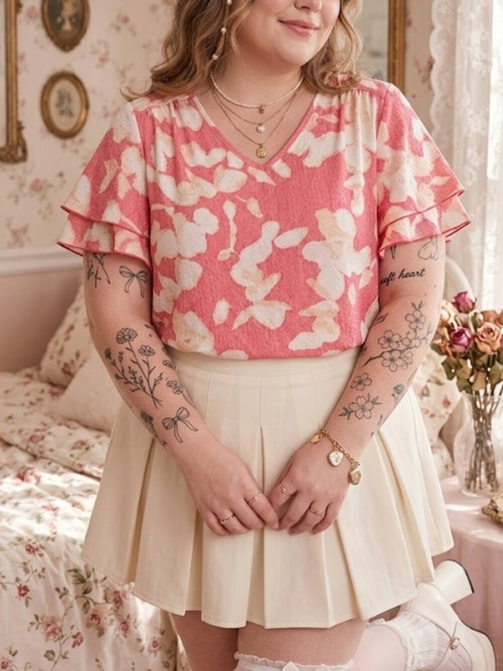 H by Halston Coral Floral Blouse Flutter Sleeve Keyhole Back Plus Size 16 Summer